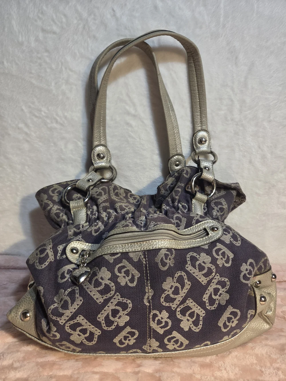 Designer-Inspired Taupe Crown Print Satchel with Gold Trim